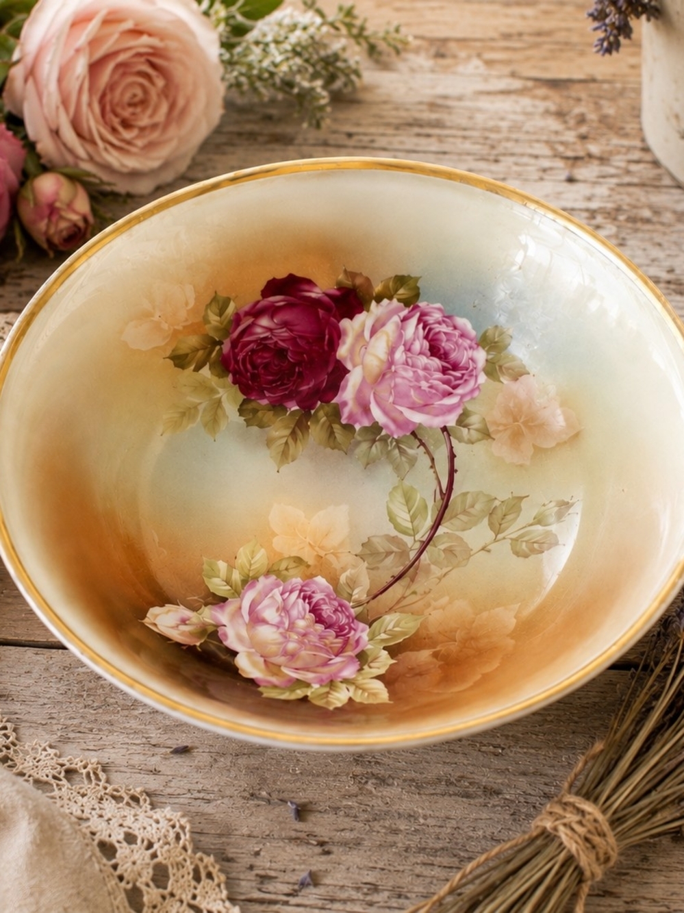 Antique Hand Painted German Porcelain Rose Bowl 10⅜" Gilt Rim Lusterware